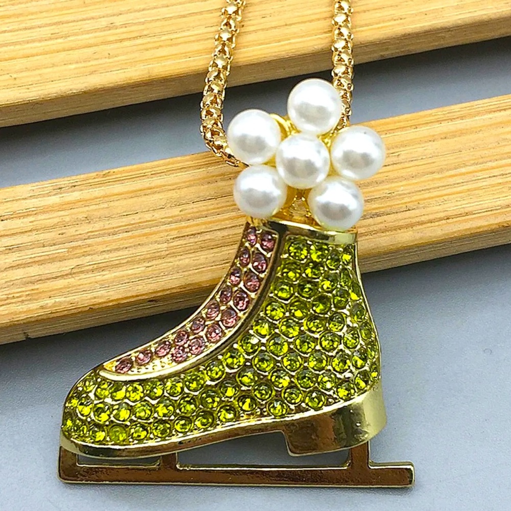 Pearl Ice Skate Green, & White, Crystal & Faux Necklace Brooch Pin Combo - Picture 2 of 6